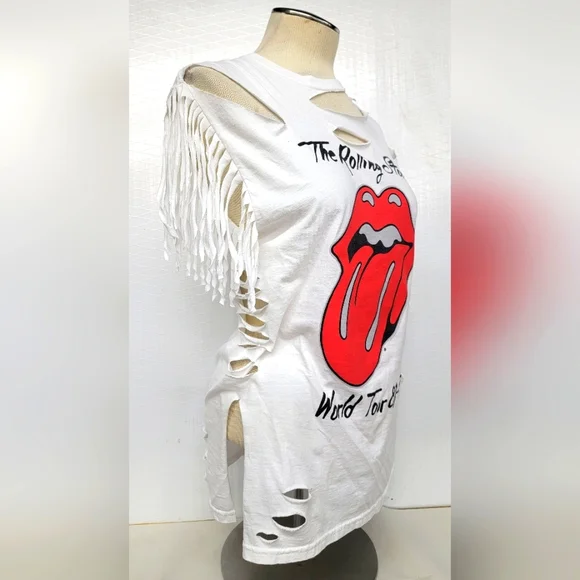 Rolling Stones fringe Shred Tee Upcycled Retro Band Merch - Picture 2 of 9